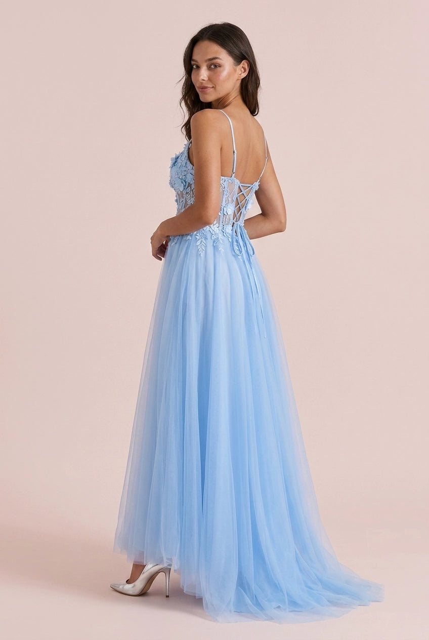 Pretty A-Line Sweetheart Floral Applique High Slit Sky Blue Floor-Length Prom Dress