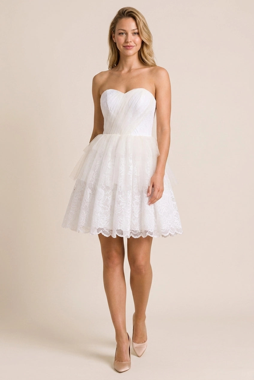 Pretty A-Line Sweetheart Ruched Tiered Lace Ivory Short Homecoming Dress