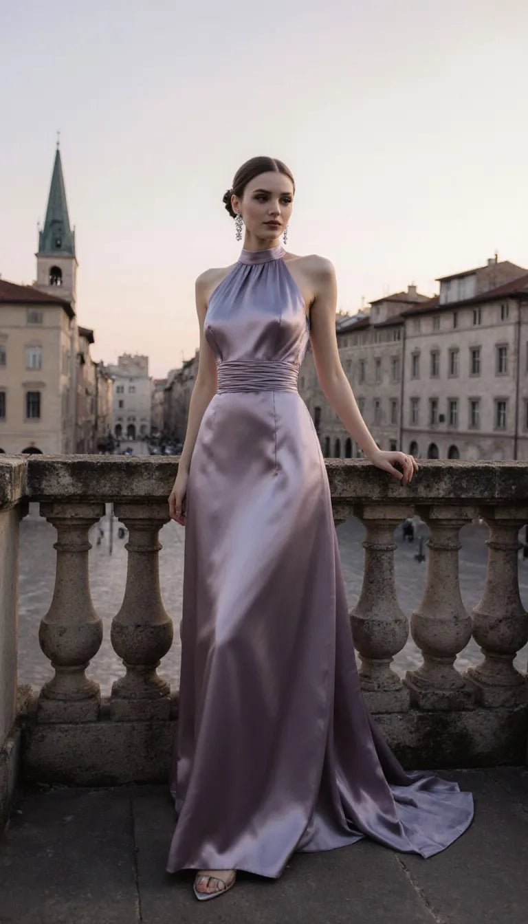 Pretty Halter Neck Sleeveless Fitted Satin Pleated Sweep Train Party Dress