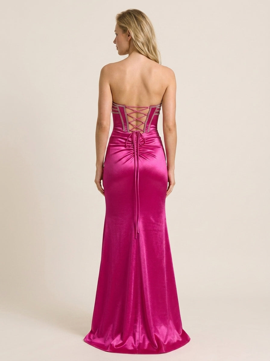 Pretty Mermaid Sweetheart Slit Fuchsia Floor-Length Prom Dress With Rhinestones