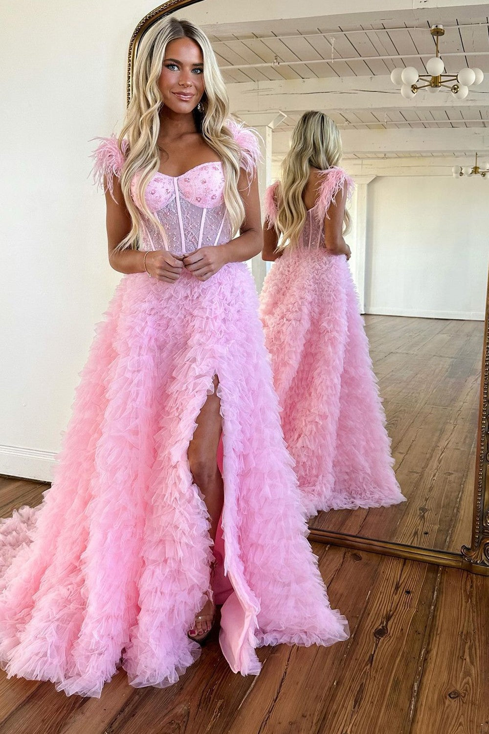 Weitese Stunning A-Line Feather Straps Long Ruffle Tulle Prom Dress With Split