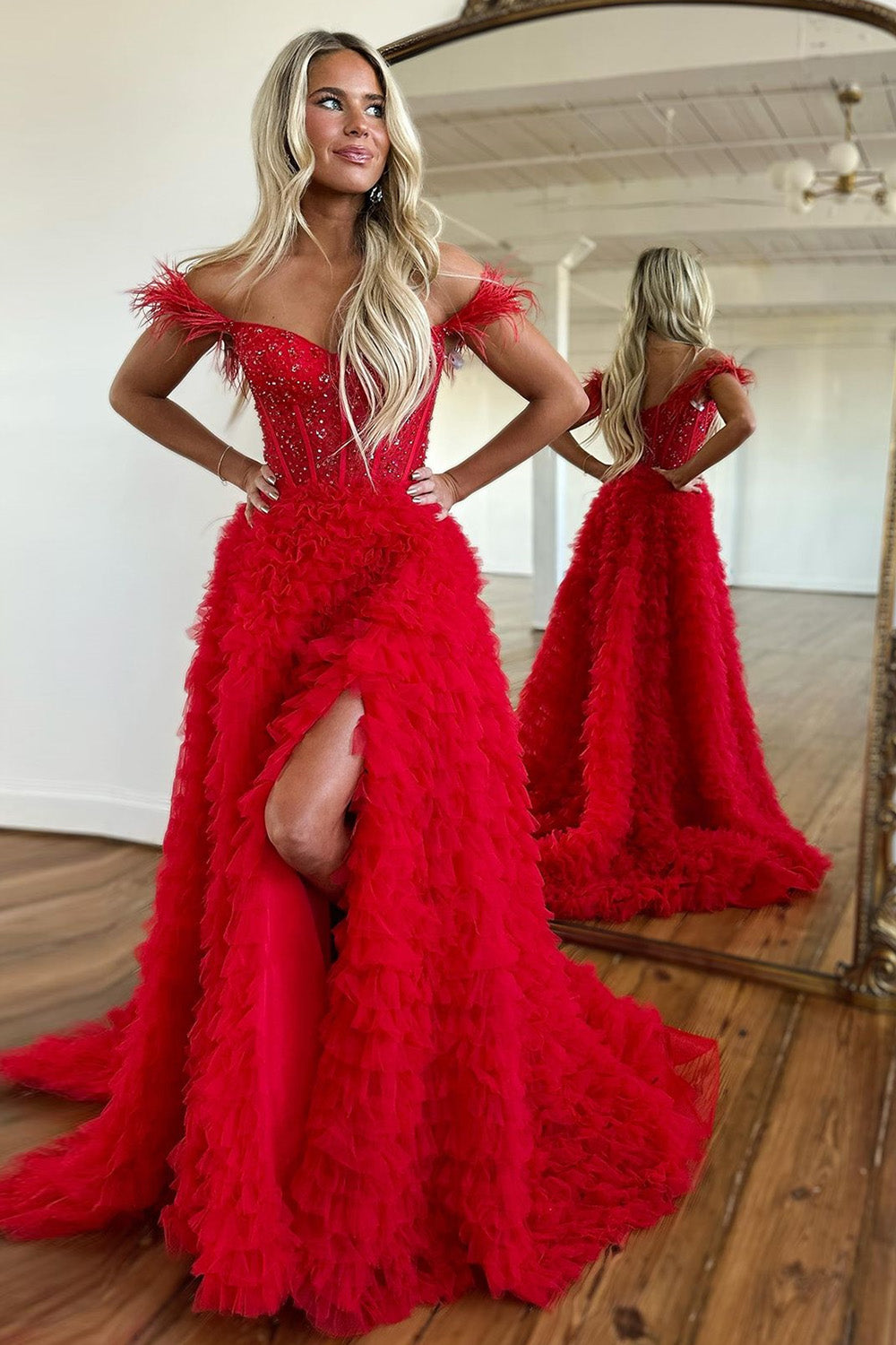 Weitese Stunning A-Line Feather Straps Long Ruffle Tulle Prom Dress With Split