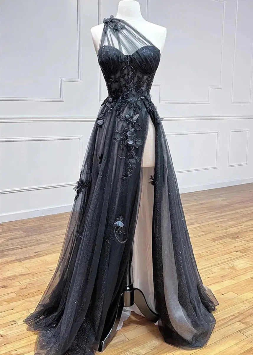 One shoulder 3D floral tulle A-line gown