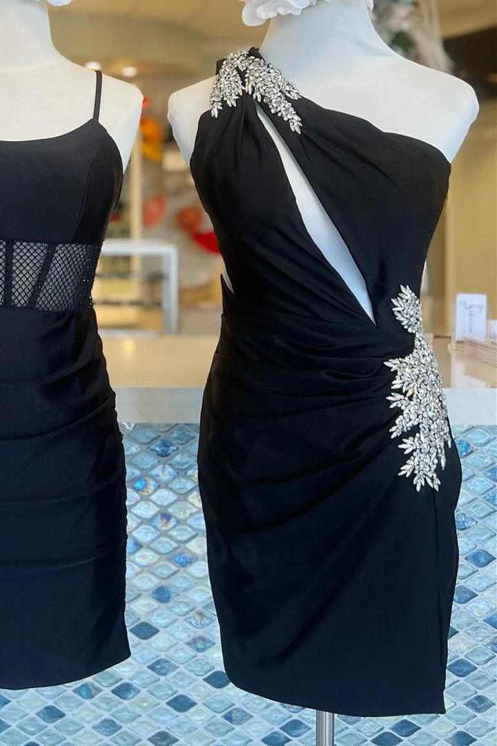 Robe de soirée courte asymétrique à col en V et strass