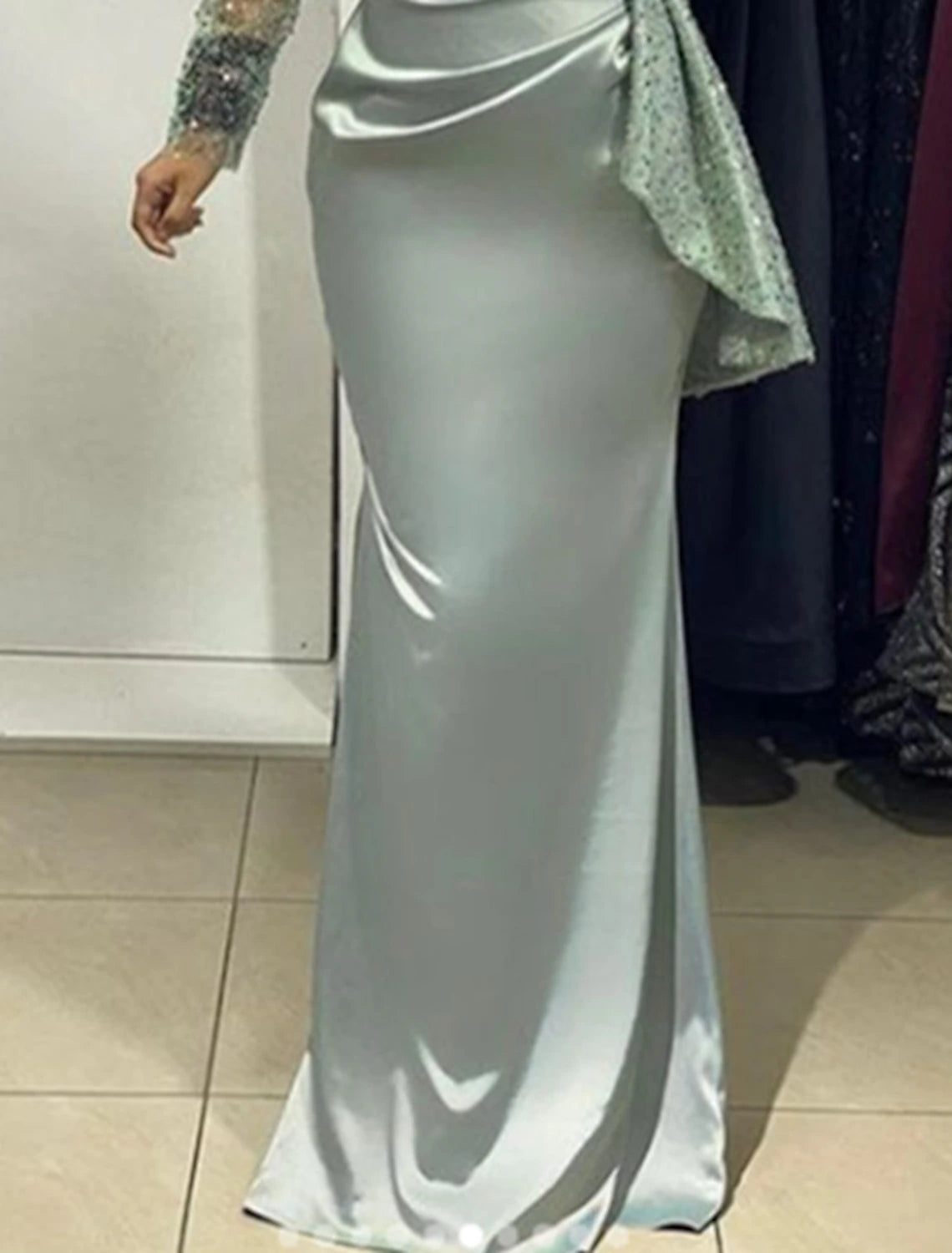 Mermaid / Trumpet Evening Gown Sparkle Shine Dress Formal Wedding Guest Floor Length Long Sleeve V Neck Fall Wedding Guest Charmeuse