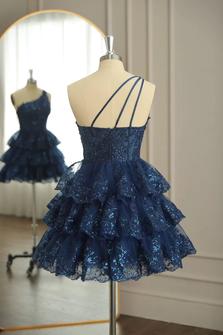 Robe de bal de fin d'année en tulle multicouche à une épaule avec appliques