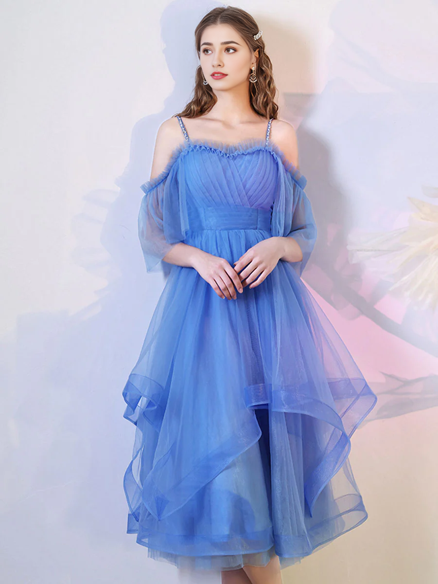 Simple Puffy Spaghetti Straps Tulle Short Prom Dress