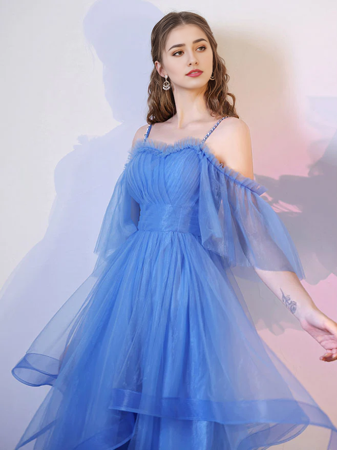 Simple Puffy Spaghetti Straps Tulle Short Prom Dress