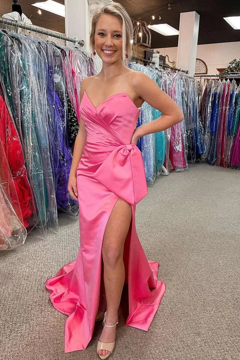 Vestido de fiesta de satén sin tirantes, corte sirena, abertura y lazo grande