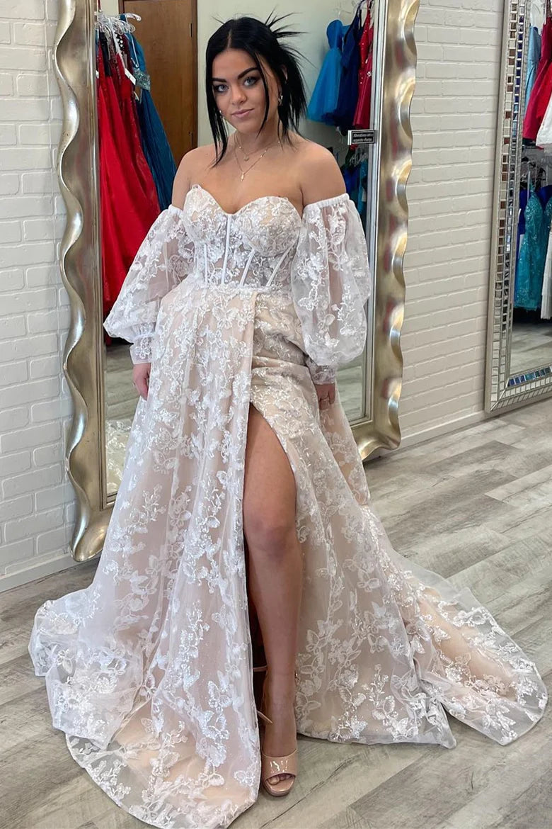 Sparkle Princess Bustier Lace Prom Dress With Puff Sleeve