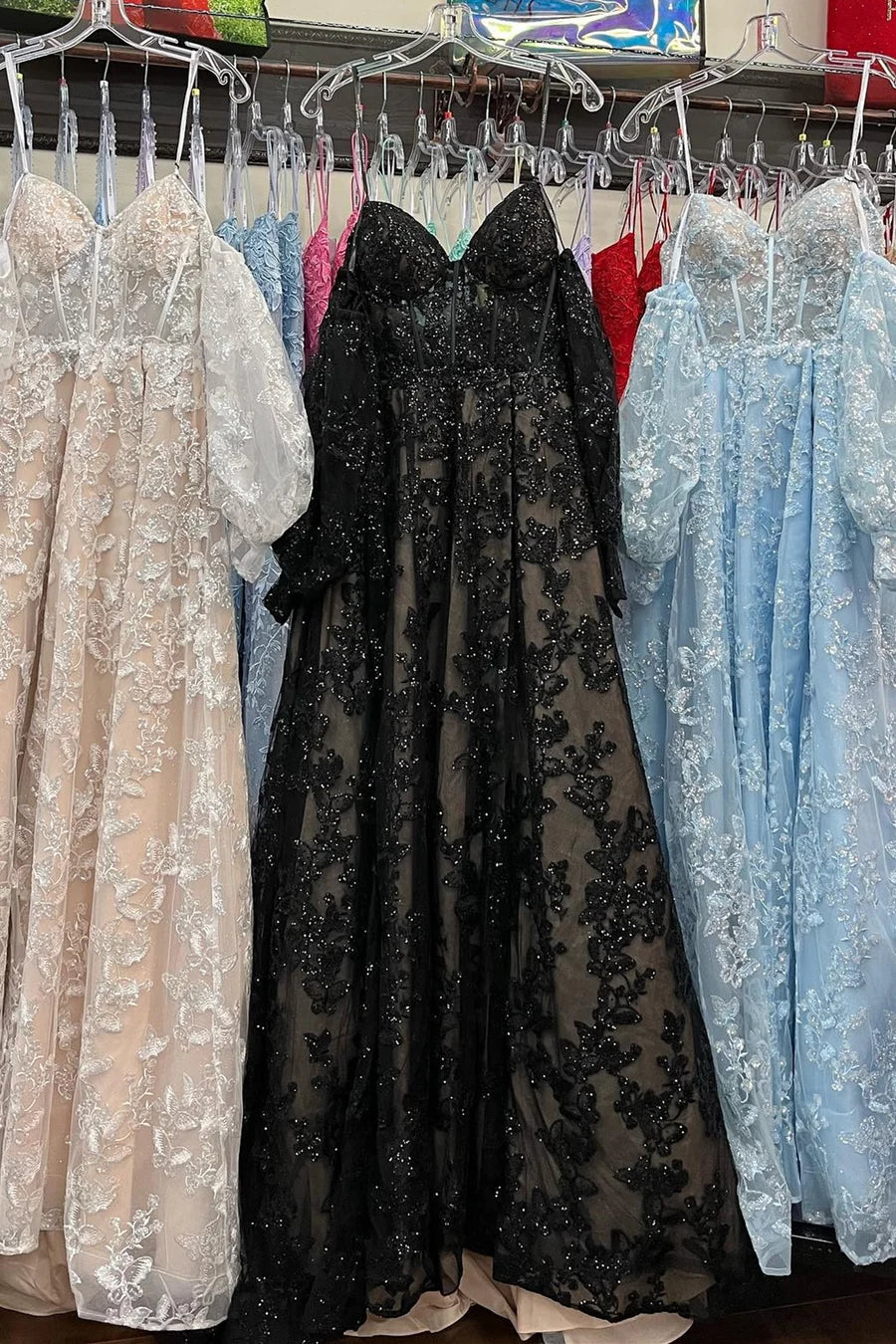 Sparkle Princess Bustier Lace Prom Dress With Puff Sleeve