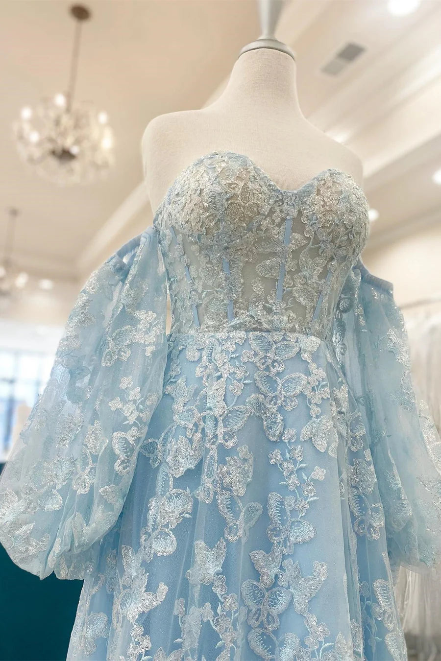 Sparkle Princess Bustier Lace Prom Dress With Puff Sleeve