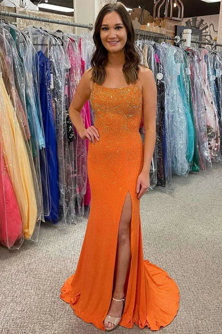 Beaded Lace-Up Back Prom Dress with Slit
