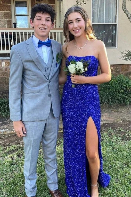 Vestido de fiesta de sirena sin tirantes, con lentejuelas y hombros descubiertos, espalda descubierta y abertura