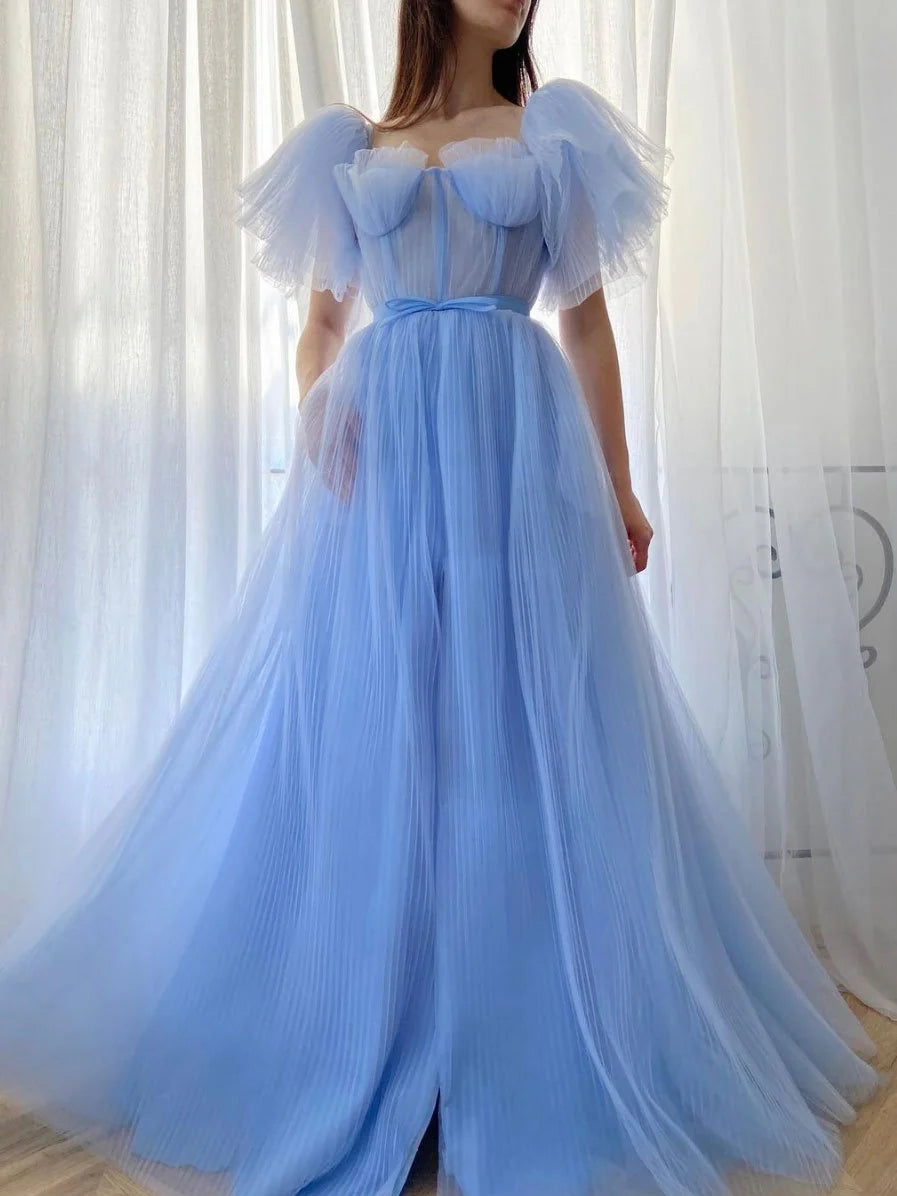 Robes de soirée Weitese pour femmes, robe de bal longue en tulle bleu, coupe trapèze, robe de soirée en tulle bleu, magasins de robes de bal 
