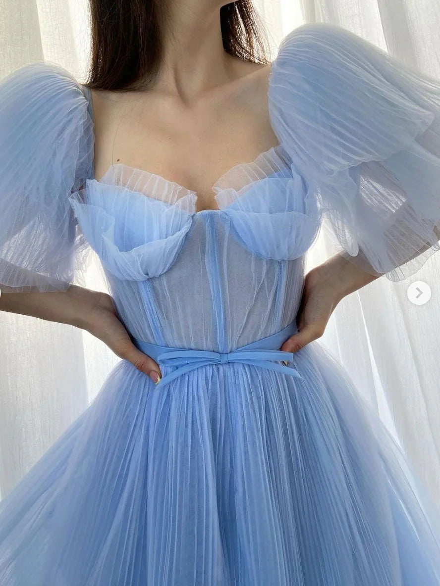 Robes de soirée Weitese pour femmes, robe de bal longue en tulle bleu, coupe trapèze, robe de soirée en tulle bleu, magasins de robes de bal 