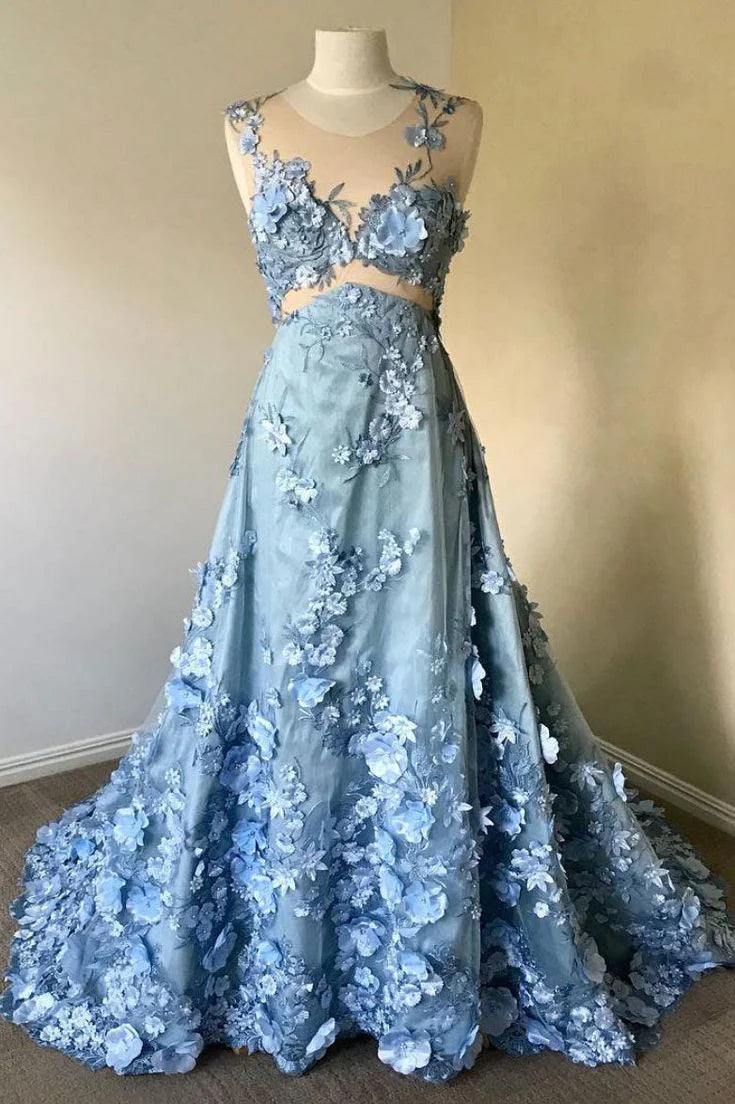 Weitese Formal Women's Dresses Blue Floral Round Neck Lace Long Prom Dress Evening Dress Prom Dresses Stores