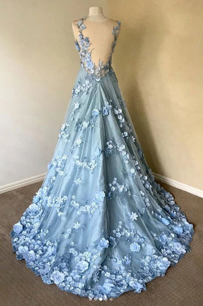 Weitese Formal Women's Dresses Blue Floral Round Neck Lace Long Prom Dress Evening Dress Prom Dresses Stores