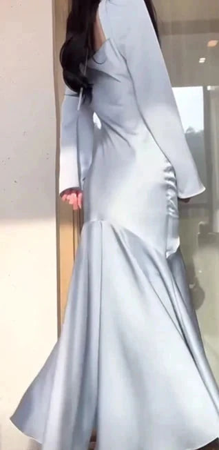 Weitese Dress Prom Dress Stores Light Blue Long Sleeves Mermaid Satin Long Prom Dress Evening Gown Party Dress Prom Dress With Long Sleeves