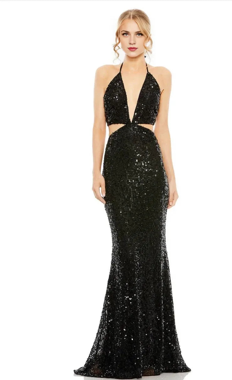 Mermaid/Trumpet Halter Neck Luxury Prom Dress Floor-Length Sequins Sleeveless Formal Evening Gown Solid Color Custom Sexy Party Dresses