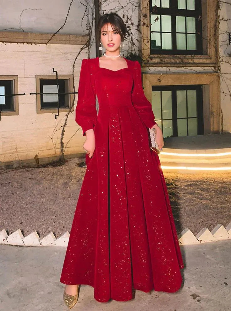 Weitese Formal Women's Dresses Red Glitter Modest Prom Dress Formal Evening Dress Long Sleeve Floor Length Prom Clothing