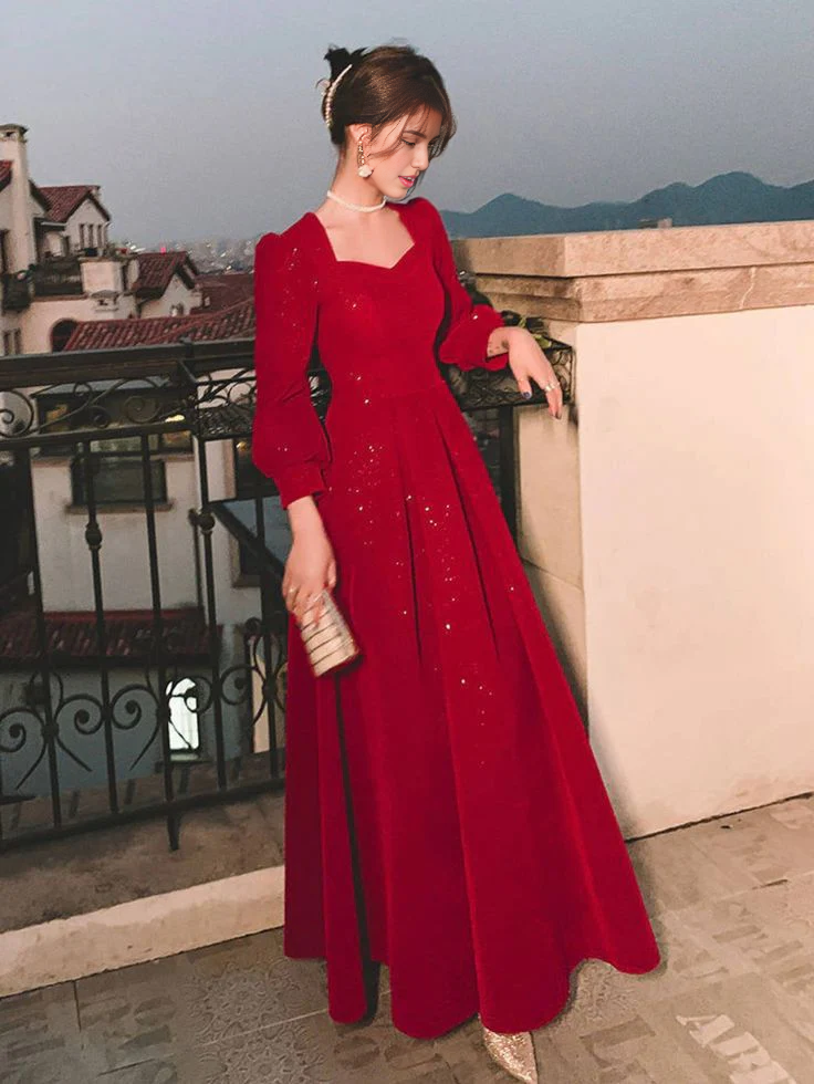 Weitese Formal Women's Dresses Red Glitter Modest Prom Dress Formal Evening Dress Long Sleeve Floor Length Prom Clothing