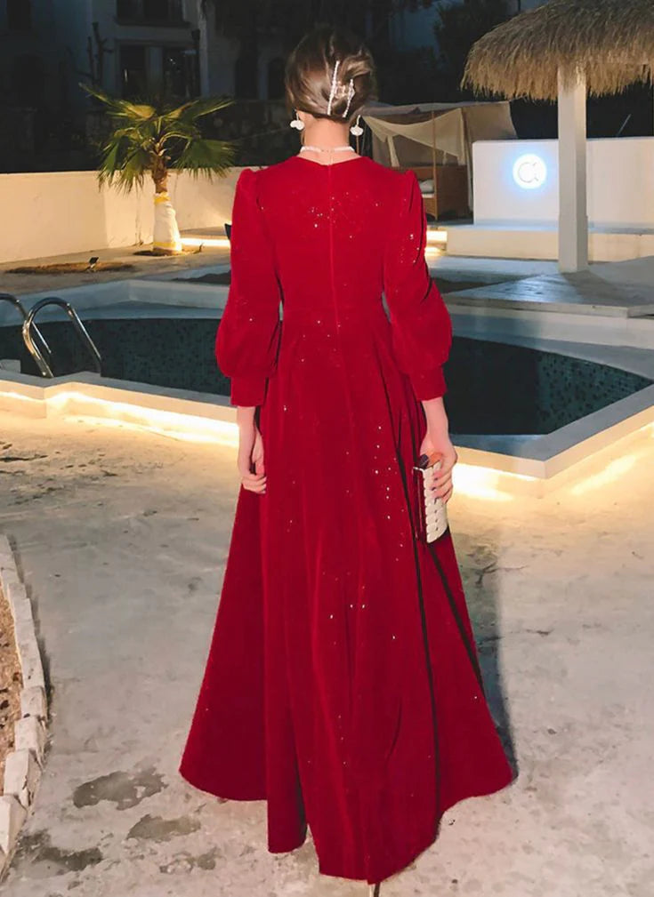 Weitese Formal Women's Dresses Red Glitter Modest Prom Dress Formal Evening Dress Long Sleeve Floor Length Prom Clothing