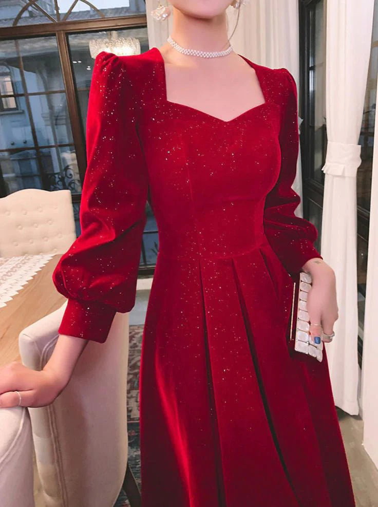 Weitese Formal Women's Dresses Red Glitter Modest Prom Dress Formal Evening Dress Long Sleeve Floor Length Prom Clothing