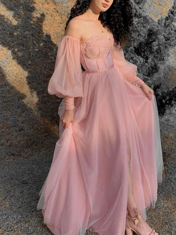 Robe de soirée longue rose en tulle à épaules dénudées pour femme, tenue de soirée formelle 