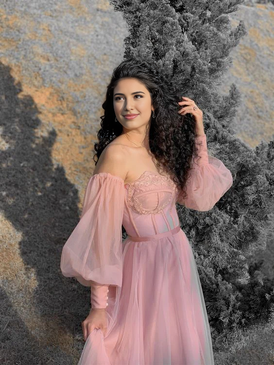 Robe de soirée longue rose en tulle à épaules dénudées pour femme, tenue de soirée formelle 