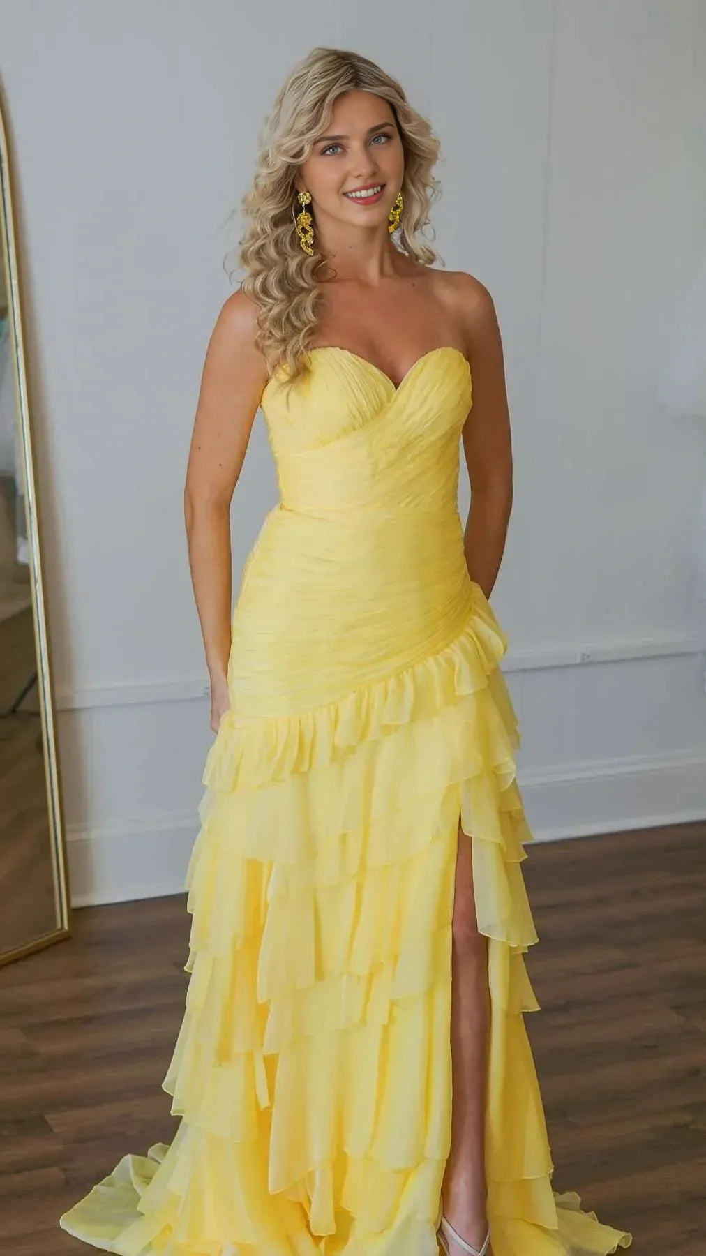 Weitese Formal Wear Dresses Yellow Sweetheart Ruffle Prom Dress Long Party Dresses Chiffon Evening Gown Prom Dress Shops