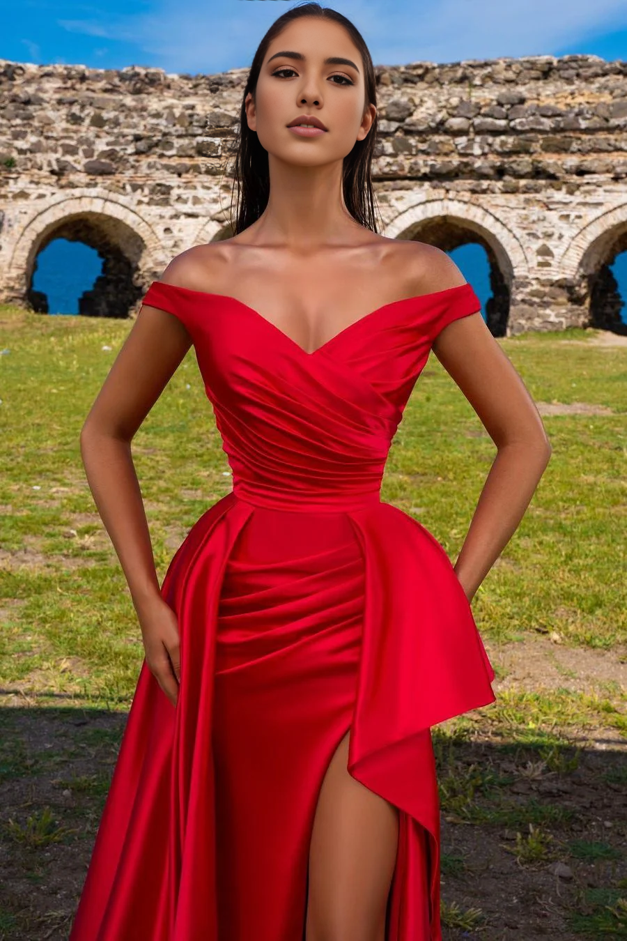 Weitese Formal Women's Dresses Chic Off-the-Shoulder Red Prom Dress Long Split With Ruffle Prom Dresses Stores