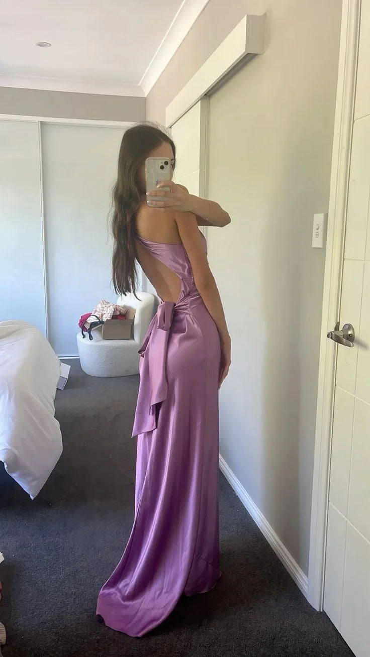 Weitese Dress Prom Dress Stores Elegant Purple V Neck Open Back Sheath Satin Long Prom Dress Party Dress Formal Wear Dresses