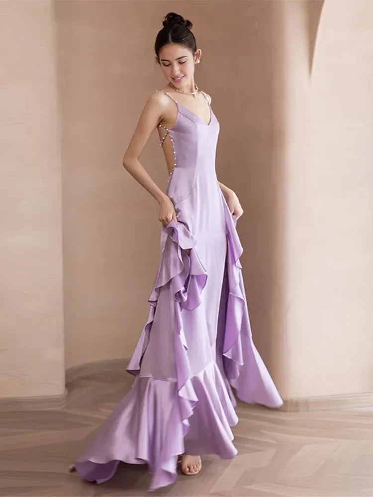 Weitese Formal Women's Dresses Backless A Line Ruffle Long Prom Dress Purple Formal Evening Gown Prom Dress Store