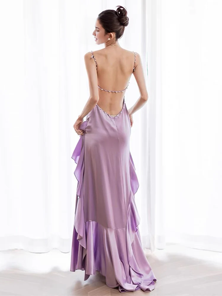 Weitese Formal Women's Dresses Backless A Line Ruffle Long Prom Dress Purple Formal Evening Gown Prom Dress Store
