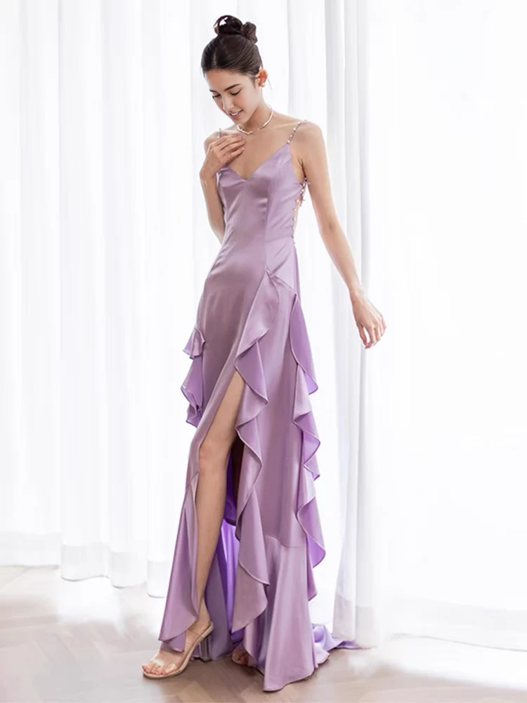 Weitese Formal Women's Dresses Backless A Line Ruffle Long Prom Dress Purple Formal Evening Gown Prom Dress Store