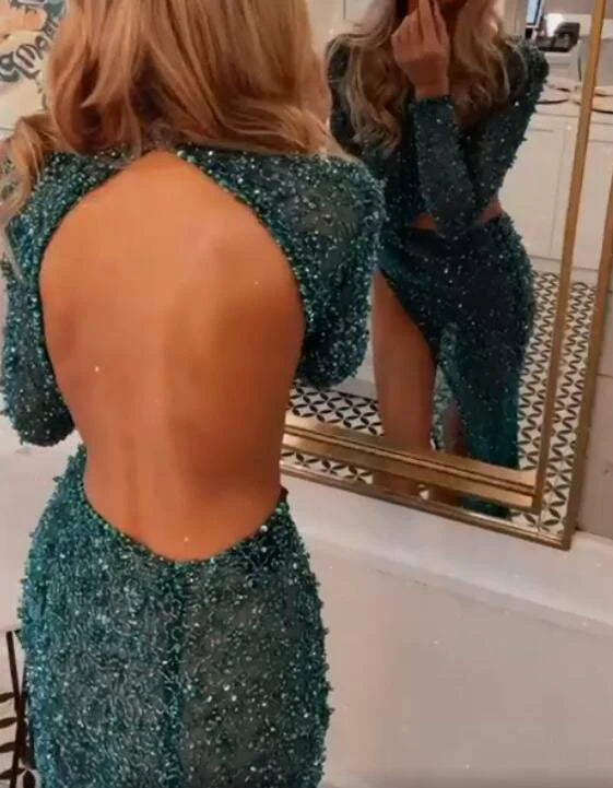 Weitese Formal Women's Dresses Glamorous High Neck Dark Green Long Sleeves Prom Dress Split With Sequins Prom Dresses Stores