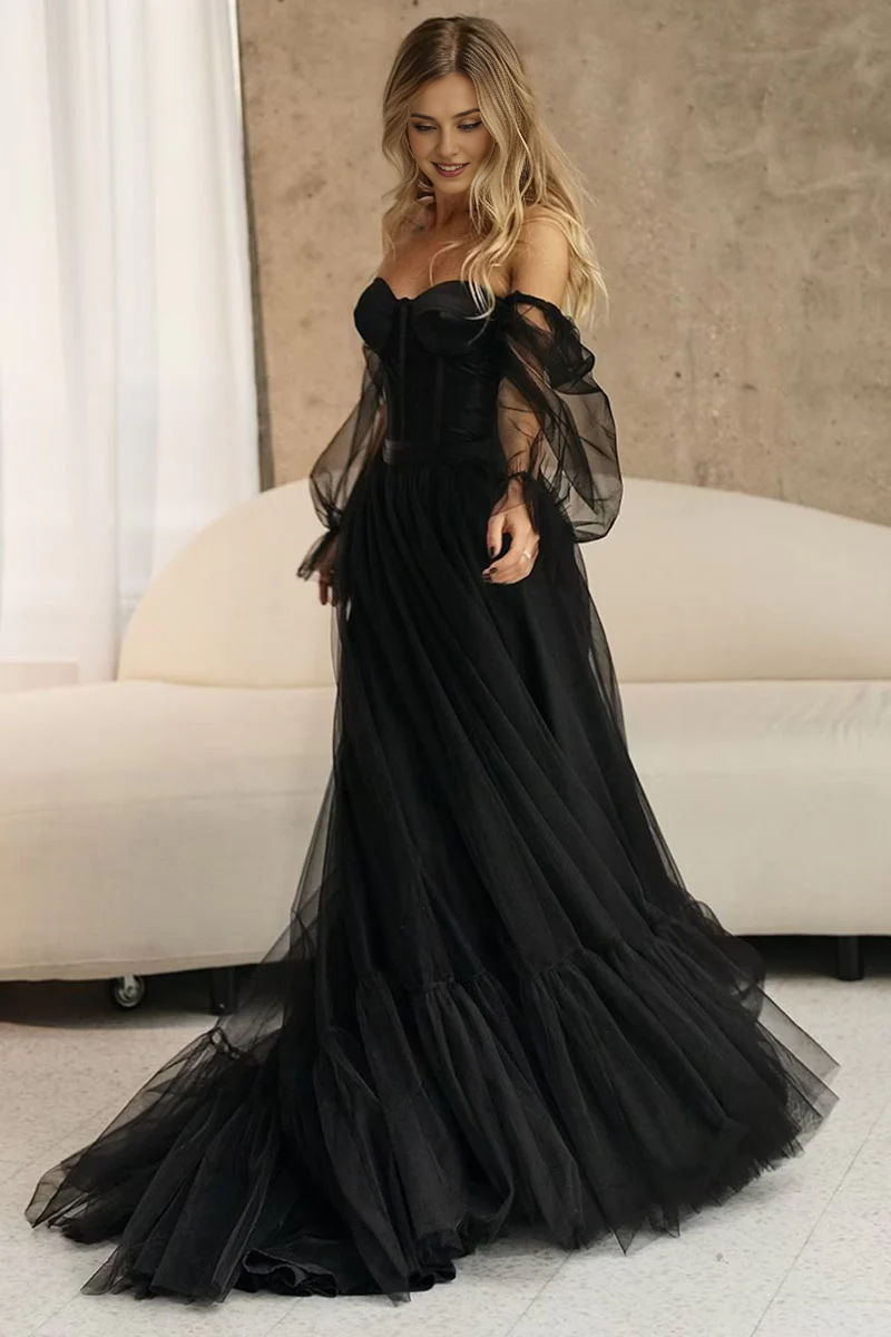 Weitese Prom Shop Dresses Promise Of Love Black Long Sleeve Off-the-shoulder Prom Dress Tulle Maxi Dress Formal Women's Dresses