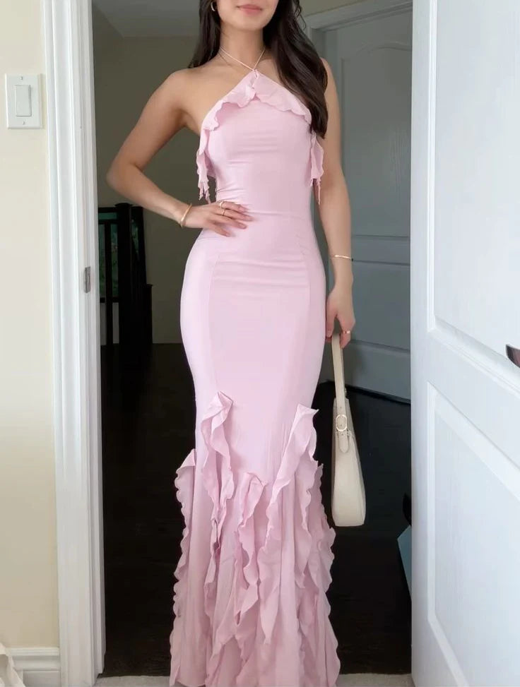 Weitese Dress Dresses Plus Size Formal Pink Halter Mermaid Ruffles Long Prom Dress Wedding Guest Dress Party Dress Formal Wear Dresses