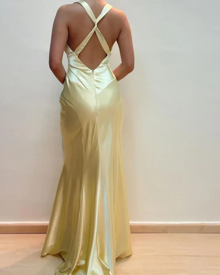 Weitese Dress Dresses Plus Size Formal Light Yellow V Neck Mermaid Satin Long Prom Dress Wedding Guest Dress Party Dress Formal Wear Dresses