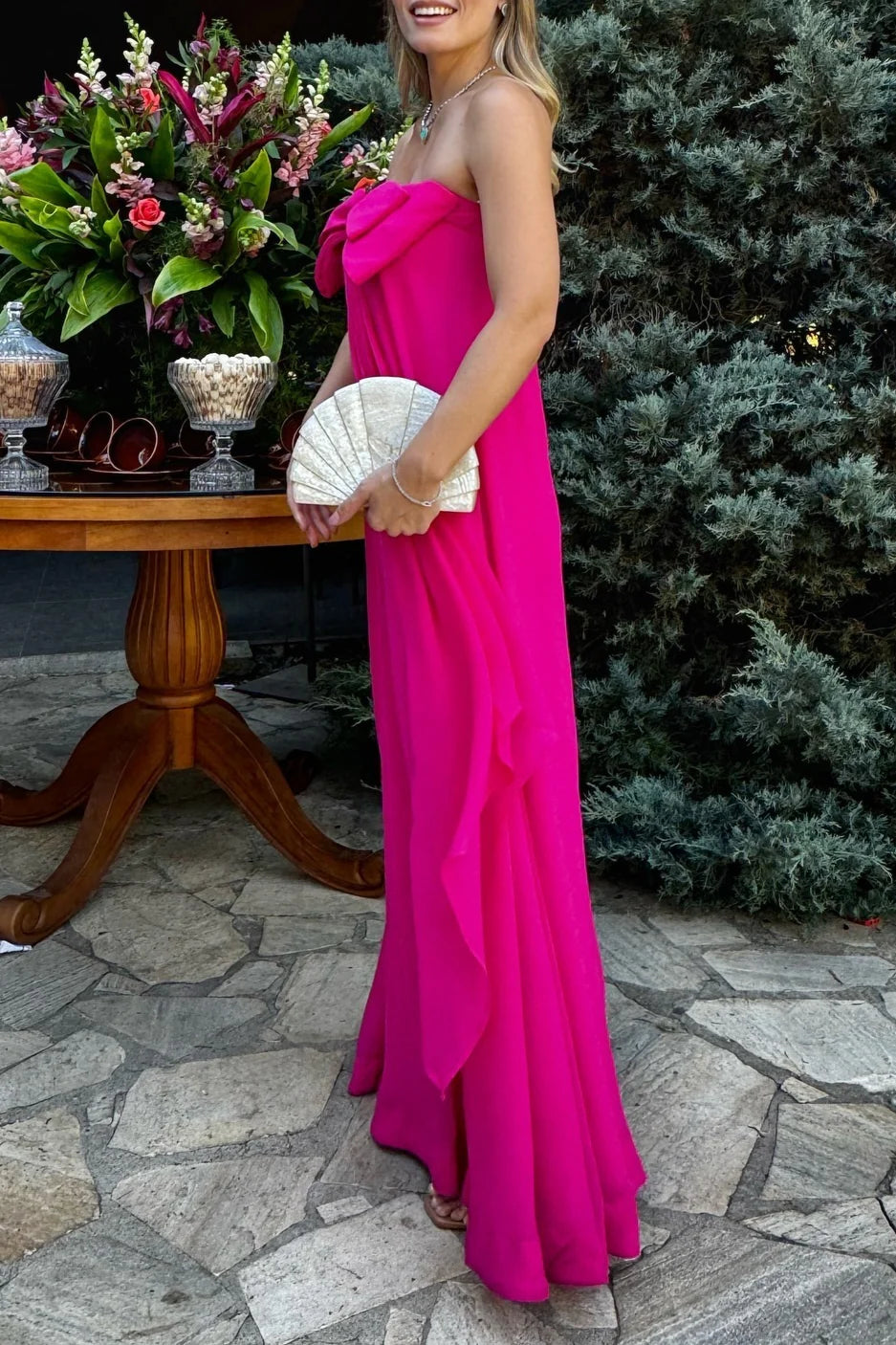 Weitese Dress Prom Dress Stores Hot Pink Strapless A-Line Cute Bowknot Long Prom Dress Wedding Guest Dress Party Dress Formal Women's Dresses