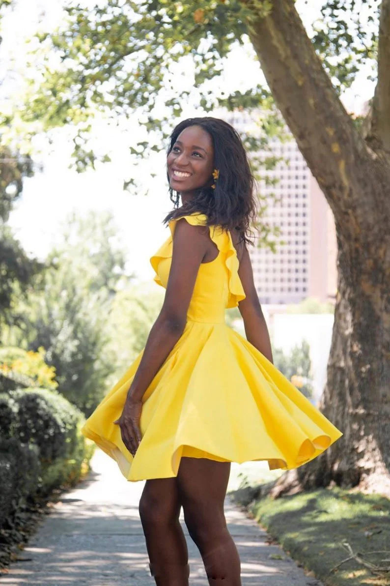 Weitese Formal Women's Dresses Simple Yellow Short Prom Dress Yellow Homecoming Dress Prom Dresses Stores