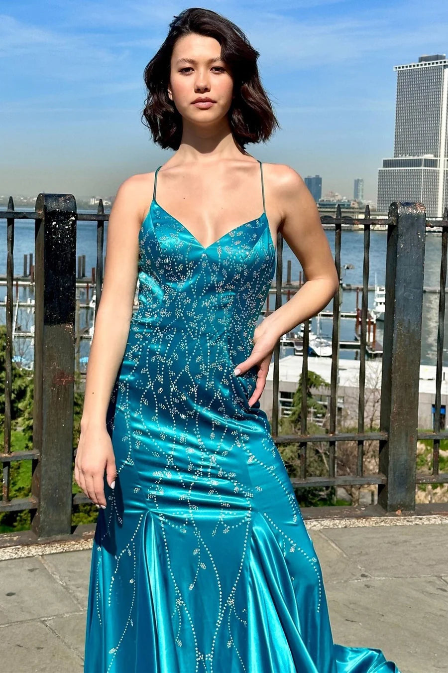 V-Neck Trumpet Long Prom  Dress