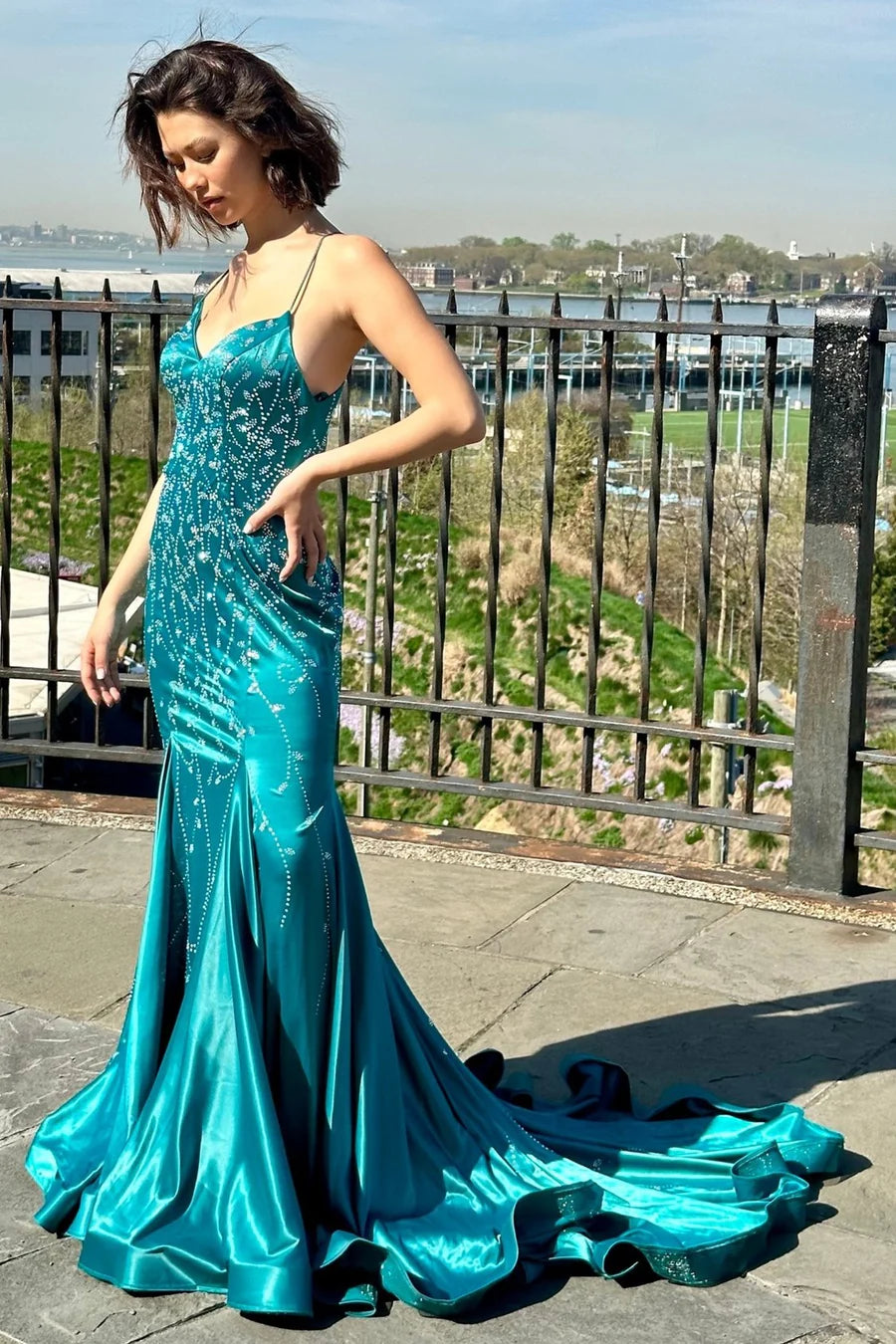 V-Neck Trumpet Long Prom  Dress