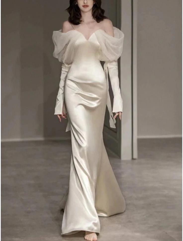 Vestidos formales Weitese, vestido de fiesta largo de sirena con hombros descubiertos y tirantes color marfil, tiendas de vestidos de fiesta, vestidos formales para mujer 