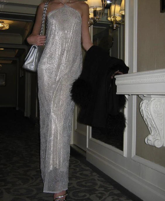 Weitese Formal Wear Dresses Shiny Sliver Halter Long Prom Dress Evening Party Dress Prom Dresses Shops Formal Women's Dresses