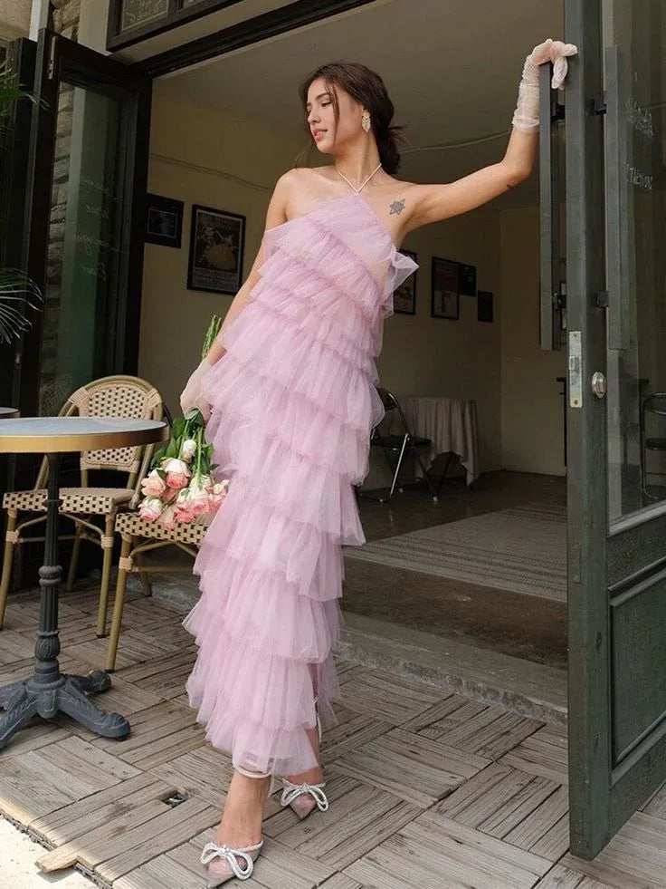Weitese Formal Wear Dresses Pink Halter Tulle Tiered Backless Long Prom Dress with Slit Prom Dresses Shops Formal Women's Dresses