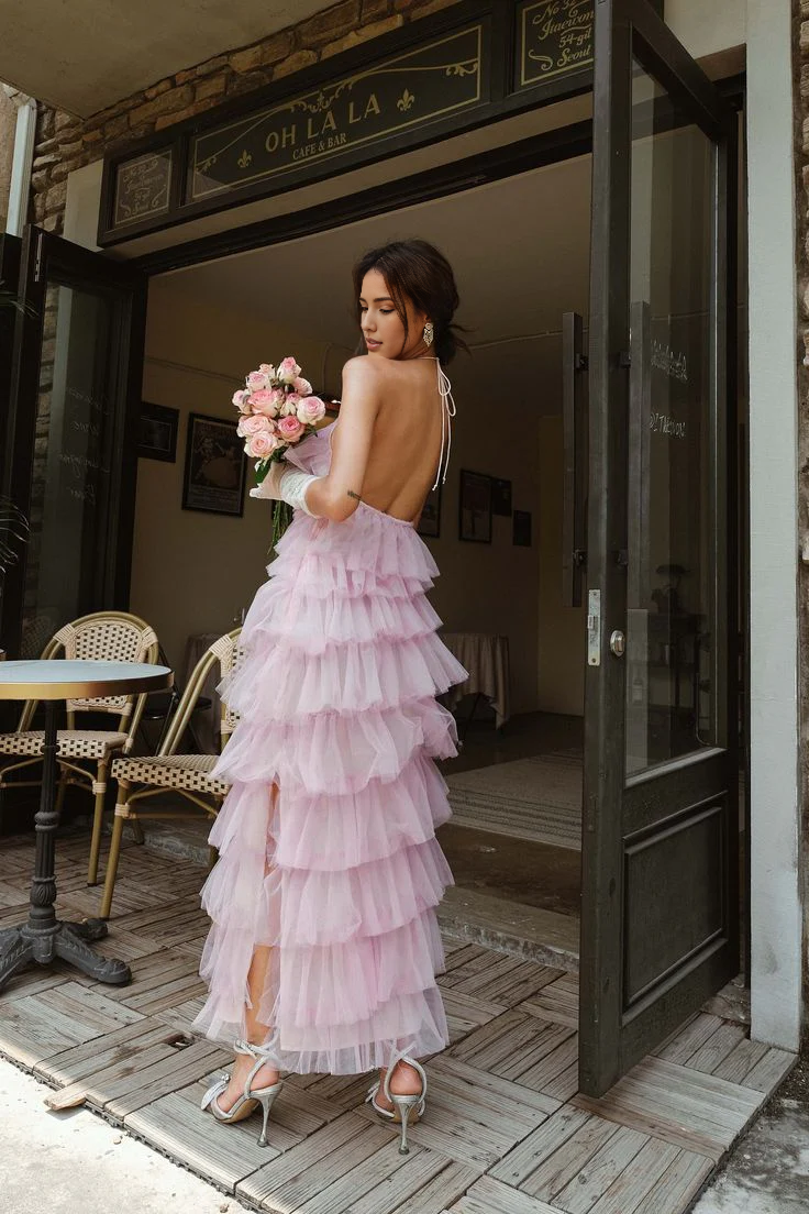 Weitese Formal Wear Dresses Pink Halter Tulle Tiered Backless Long Prom Dress with Slit Prom Dresses Shops Formal Women's Dresses