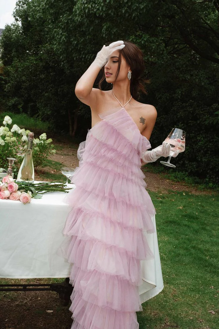 Vestidos formales Weitese, vestido de fiesta largo rosa con cuello halter de tul, espalda descubierta y capas con abertura, tiendas de vestidos de fiesta, vestidos formales para mujer 