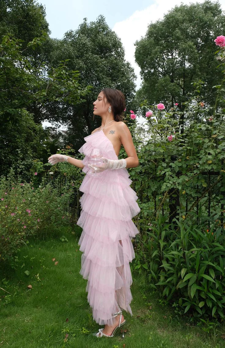 Vestidos formales Weitese, vestido de fiesta largo rosa con cuello halter de tul, espalda descubierta y capas con abertura, tiendas de vestidos de fiesta, vestidos formales para mujer 